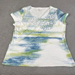 Chicos Top Womens XL 16 Blue Green Print Scoop Sequin Knit Short Sleeve Stretch